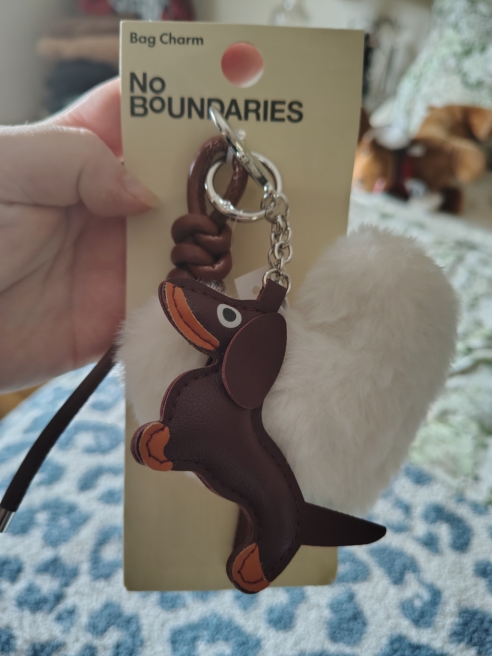 No Boundaries Brown Dachshund Bag Charm with Cream Heart Pom